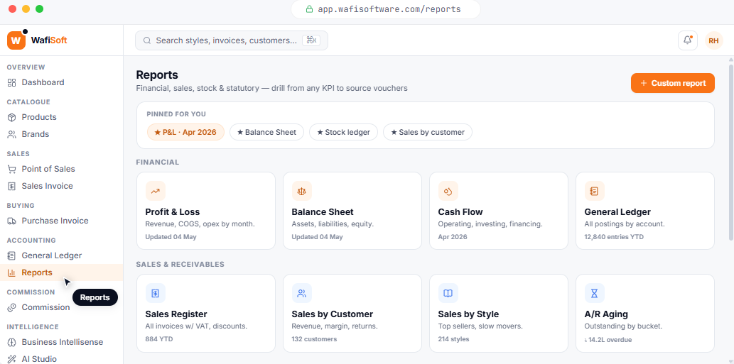 Reports screen — financial, sales, stock and statutory reports